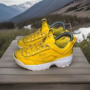Fila Disruptor II Premium Repeat Yellow Leather Shoes Womens Size‎ 6 Or Men's 5